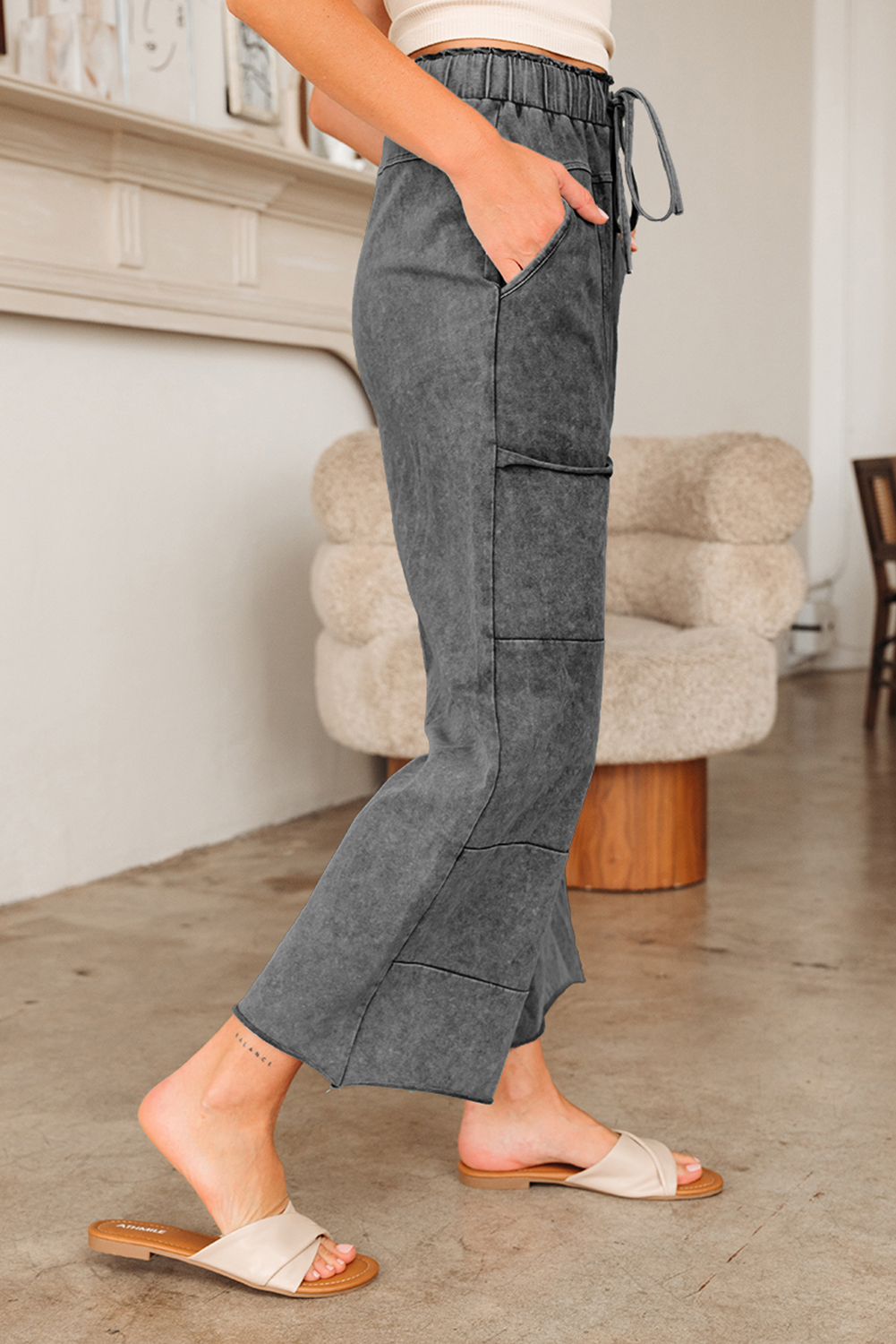 Lapis Mineral Wash Lace-up High Waist Raw Hem Patched Pocket Pants - loveforevers