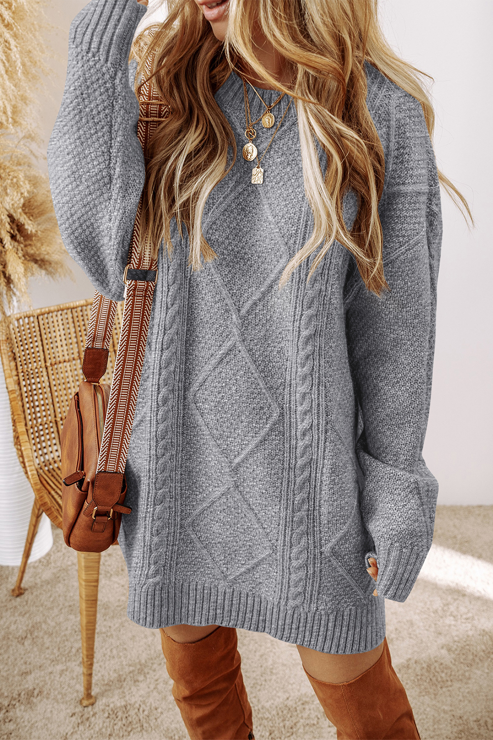 Parchment Cable Knit Drop Shoulder Loose Fit Sweater Dress - loveforevers