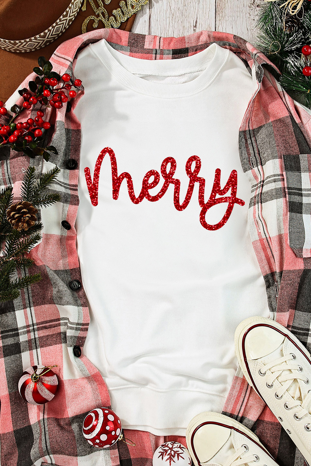 Beige Merry Graphic Christmas Crew Neck Sweatshirt - loveforevers