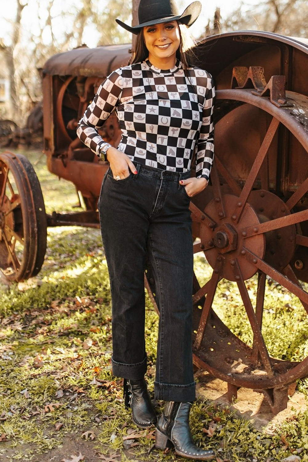 Khaki Checkered Pattern Mesh Mock Neck Long Sleeve Top - loveforevers