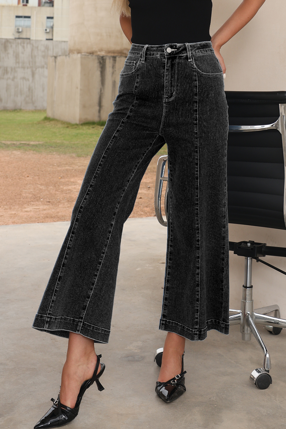 Black Plain Seam Detail Flared Bottom Ankle Length Jeans - loveforevers