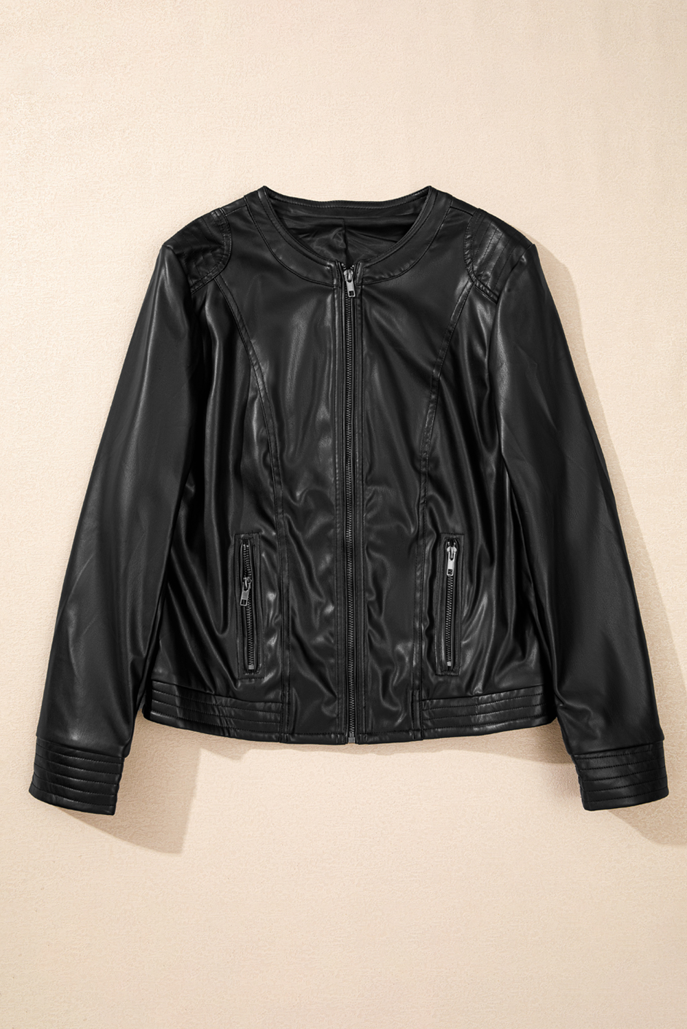 Chestnut Solid Faux Leather Zipper Slim Fit Bomber Jacket - loveforevers