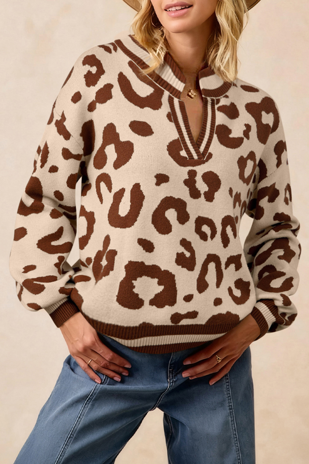 Light French Beige Leopard Printed Knit V Neck Casual Sweater - loveforevers
