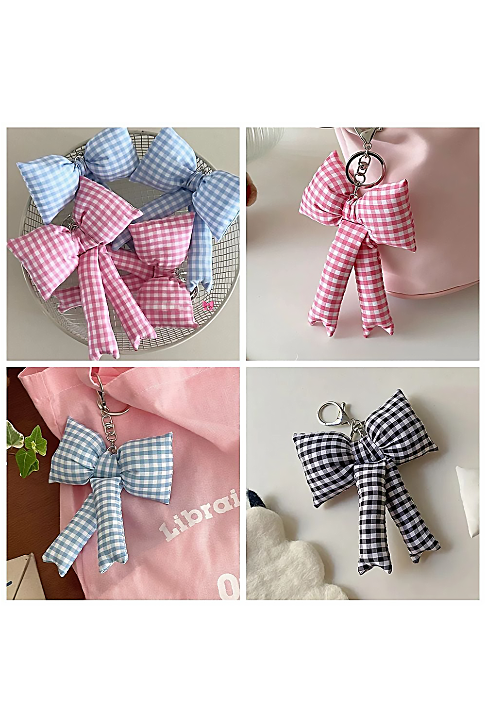 Pink Gingham Puffer Bow Knot Bag Pendant Keychain - loveforevers