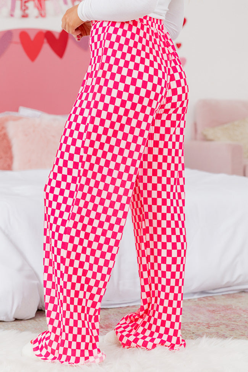 Pink Checkered Buttoned Shirt and High Waist Pants Pajama Set - loveforevers