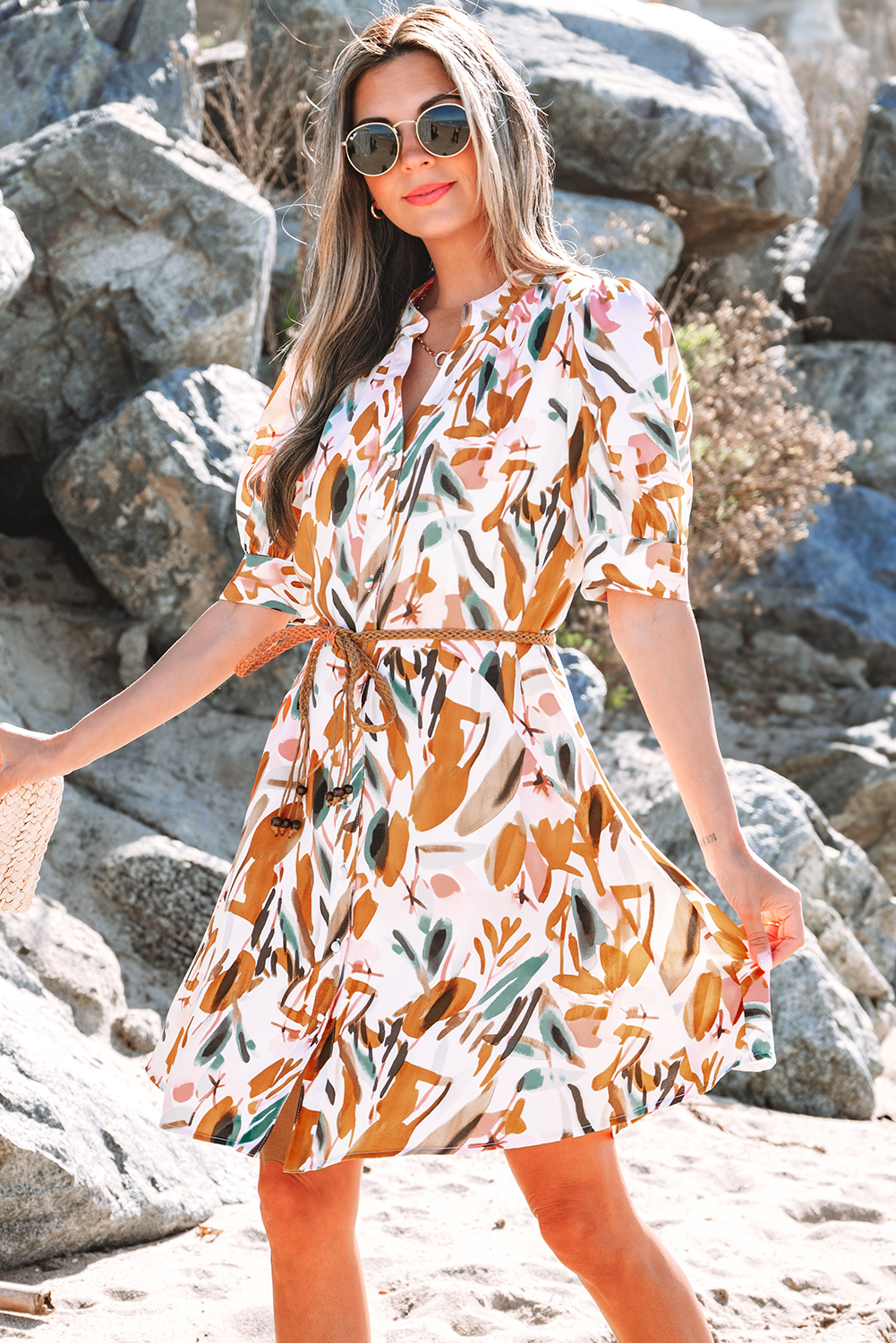 Brown Abstract Printed Puff Sleeve Button Up Braided Belt Mini Dress - loveforevers