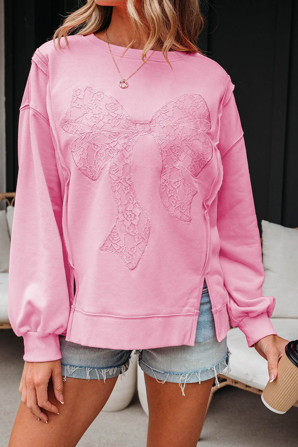 Bonbon Lace Insert Bow Embroidered Exposed Seam Sweatshirt - loveforevers