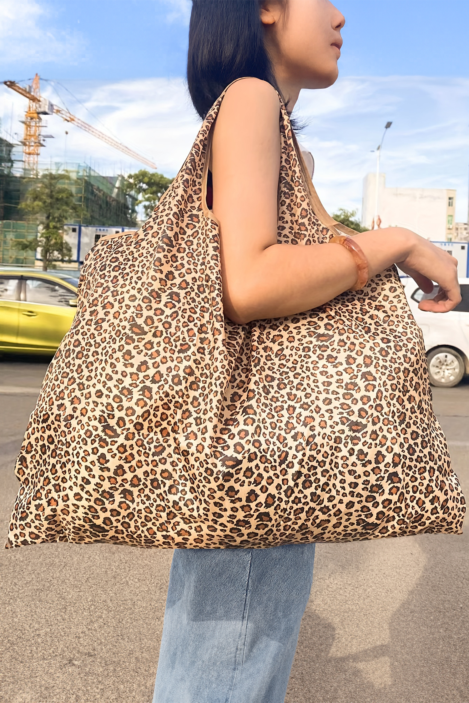 Mustard Wild Leopard Printed Reusable Shopping Tote Bag - loveforevers