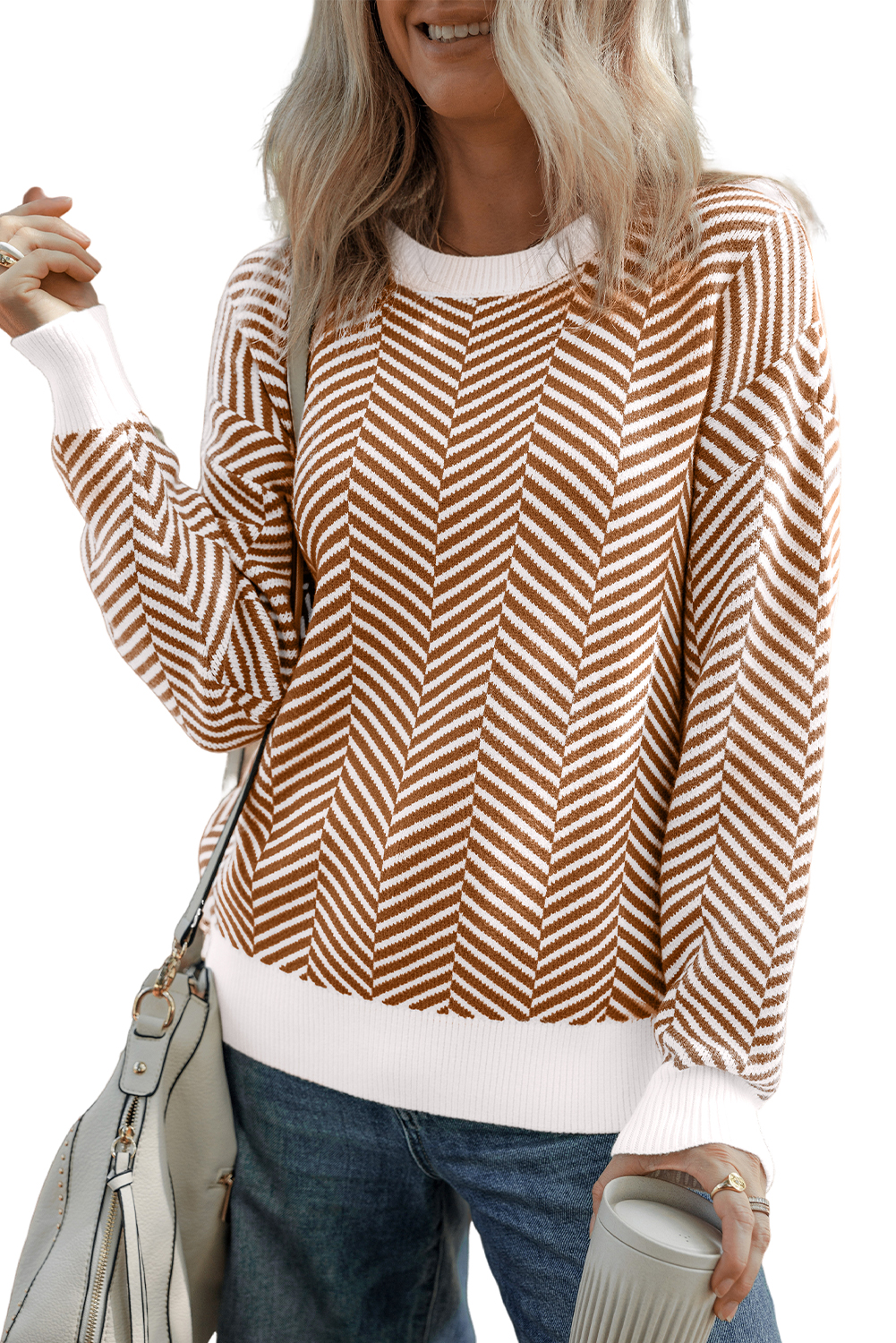 Coffee Contrast Edge Crew Neck Drop Shoulder Sweater - loveforevers