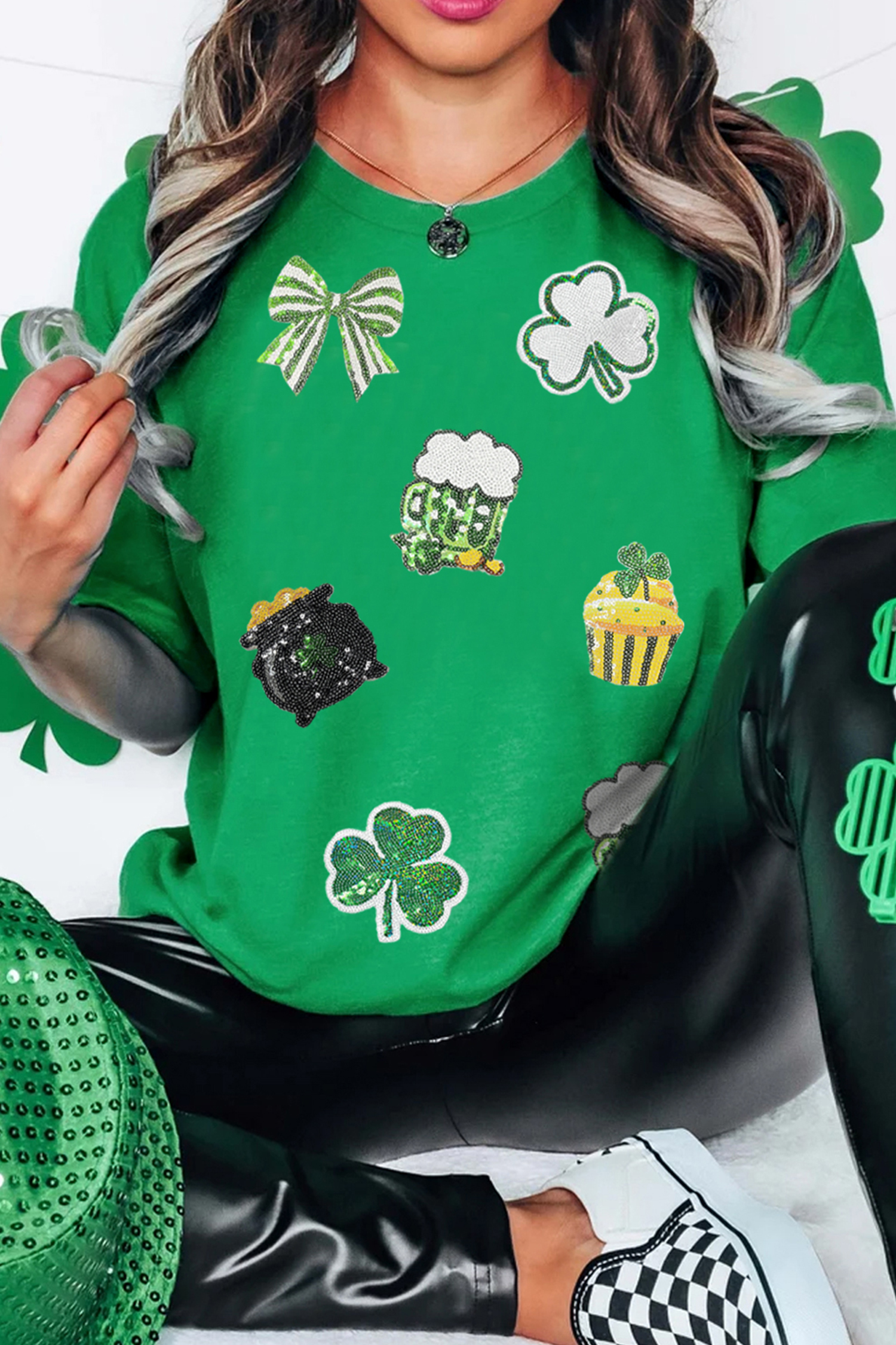 Bright Green Dainty Irish Fashion Sequin Graphic Tee - loveforevers