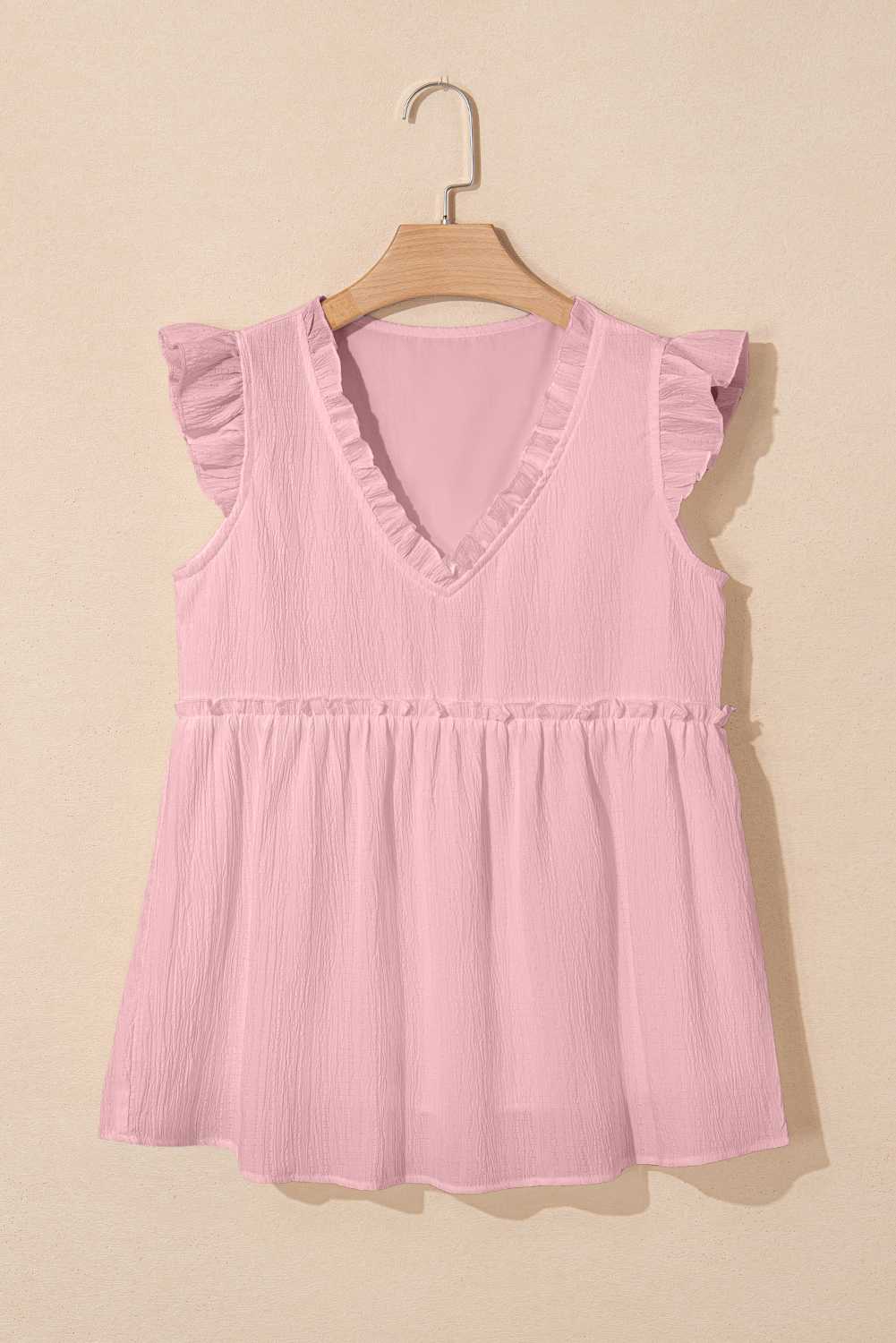 Light Pink Textured Ruffled Trim V Neck Flutter Flowy Top - loveforevers