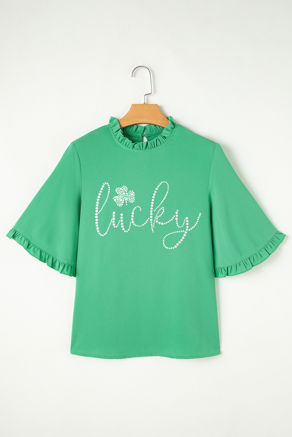 Green Ceramic Rhinstone lucky Clover Graphic Frilled Bell Sleeve Blouse - loveforevers