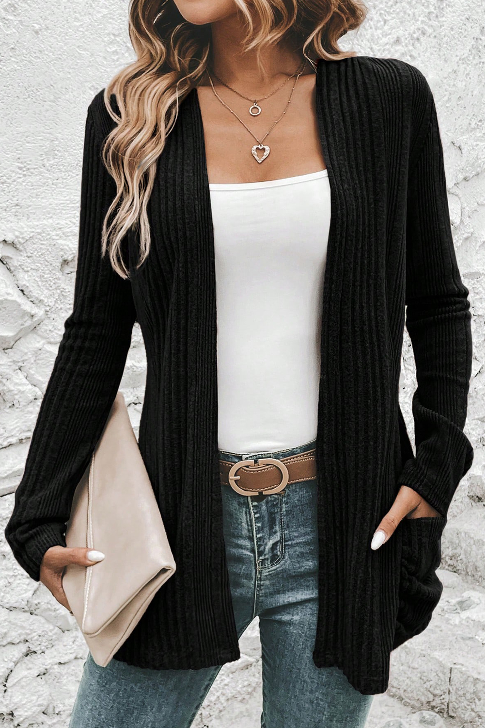 Stone Blue Ribbed Open Front Knitted Top with Pockets - loveforevers