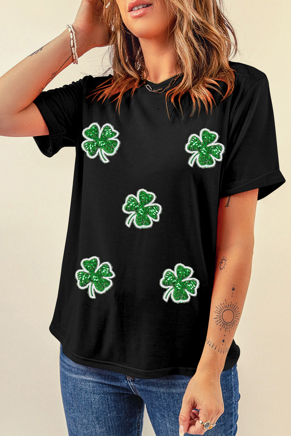 Black Four Leaf Clover Graphic St. Patricks Crewneck Tee - loveforevers