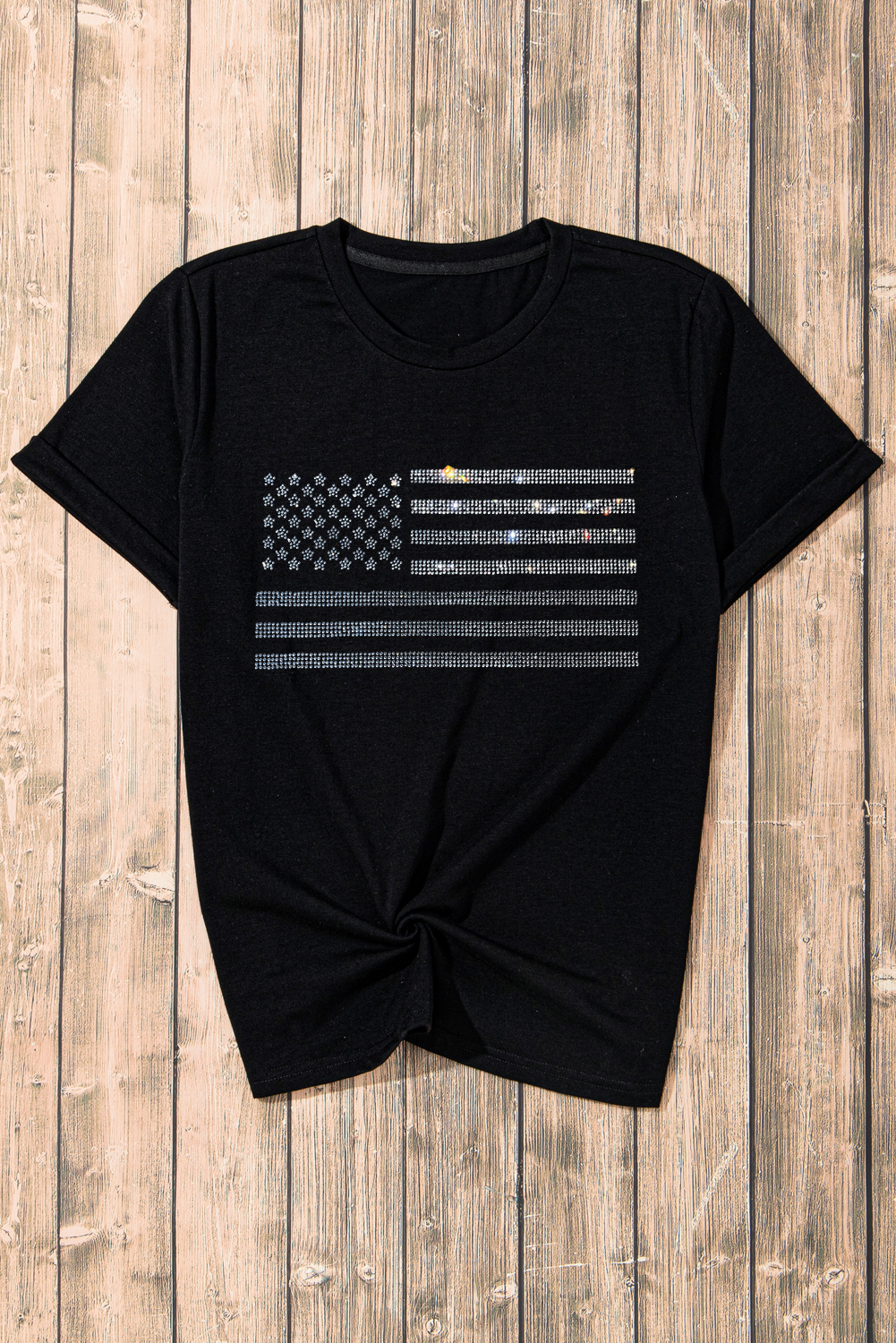 Black Glittering Rhinestone American Flag Pattern T Shirt - loveforevers