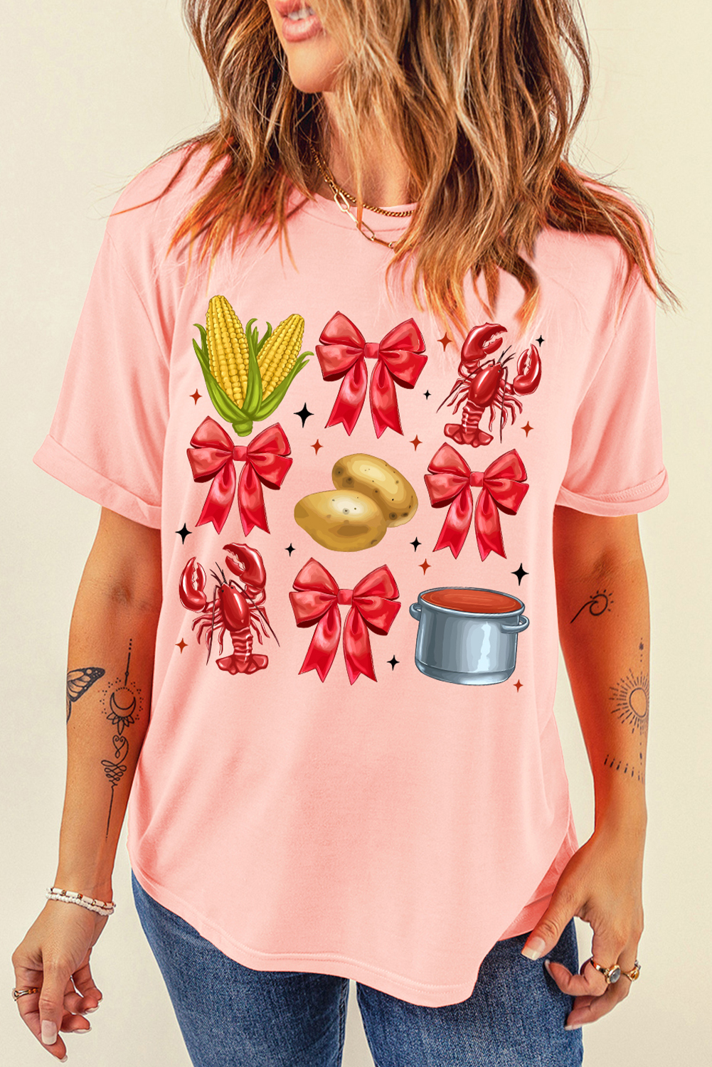 Pink Summer Food Bow Crawfish Printed T Shirt - loveforevers