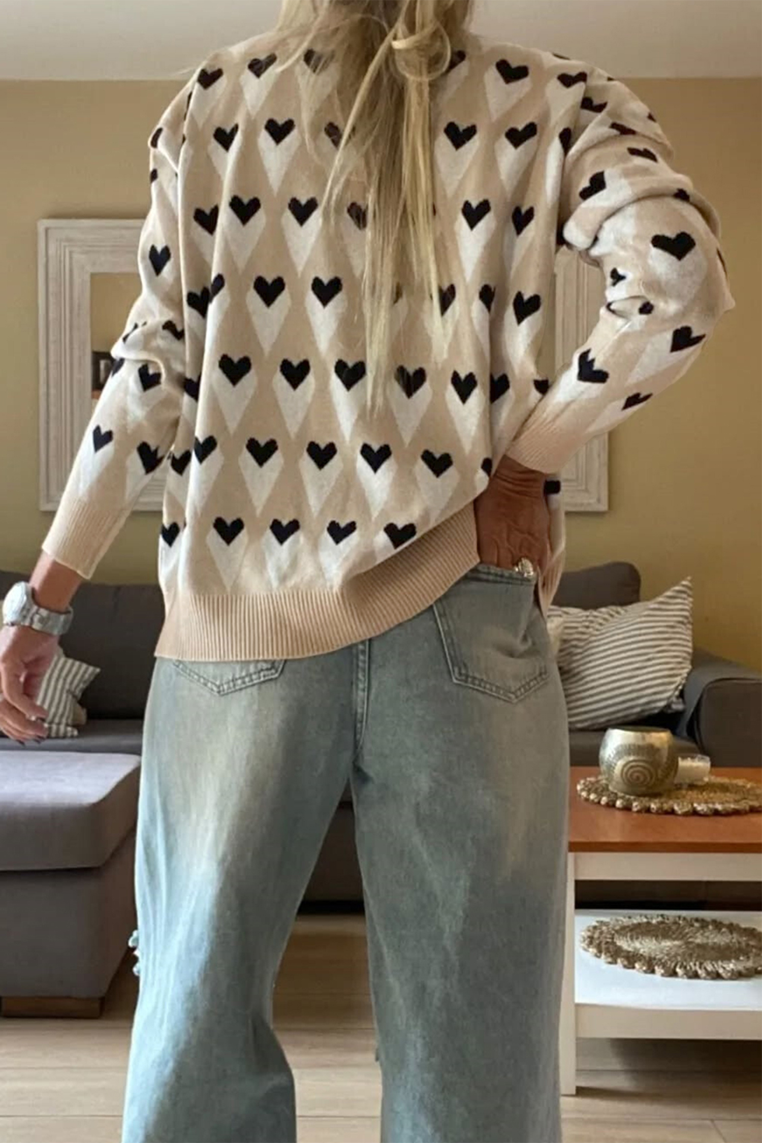 Parchment Geometric Heart Print Ribbed Trim Loose Sweater - loveforevers