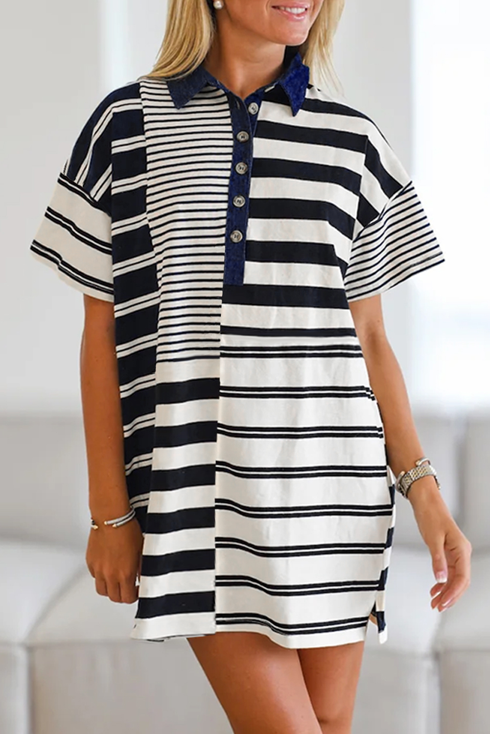 Black Stripe Half Placket Polo T Shirt Dress - loveforevers