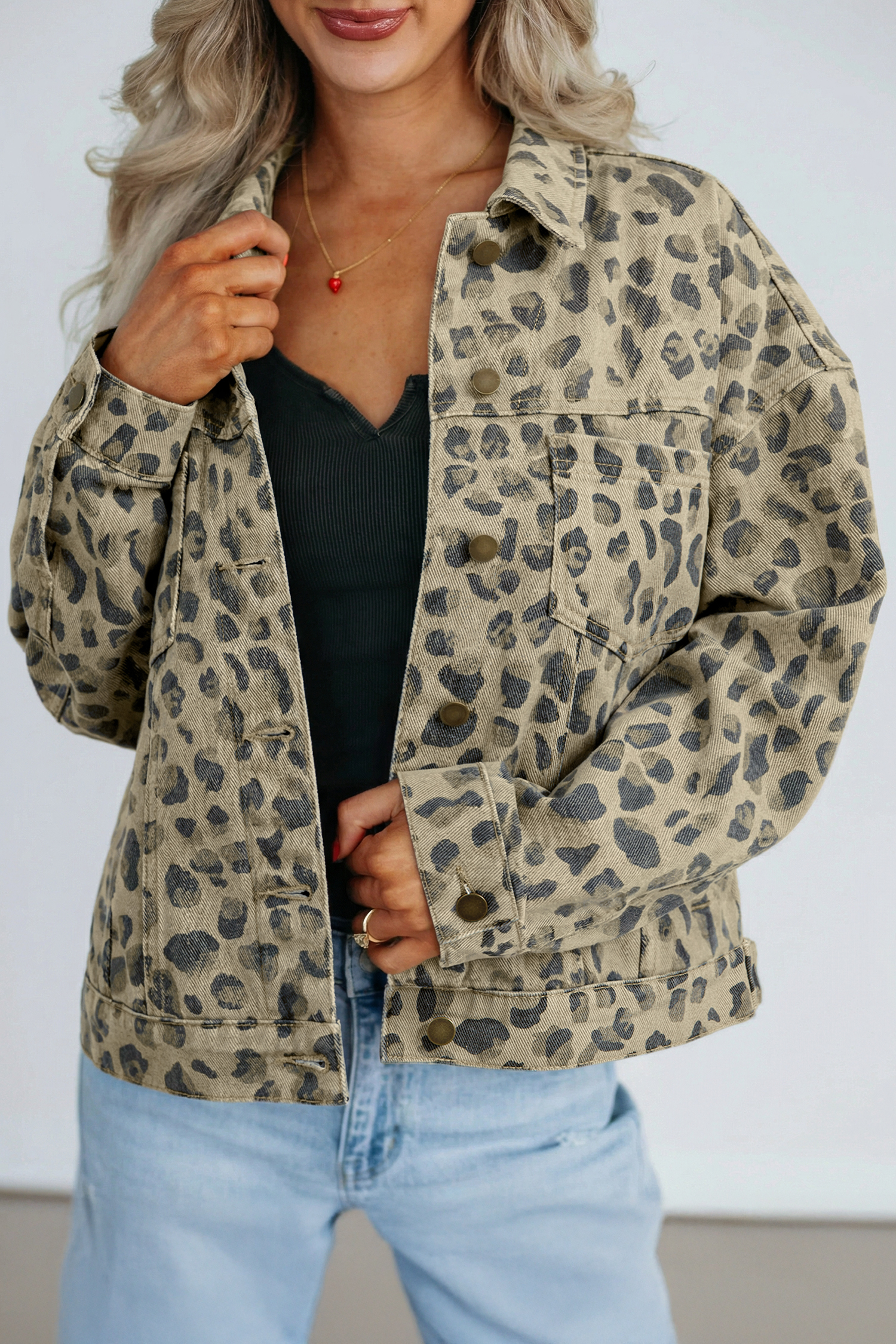 Khaki Retro Leopard Print Seam Detail Button Down Denim Jacket - loveforevers
