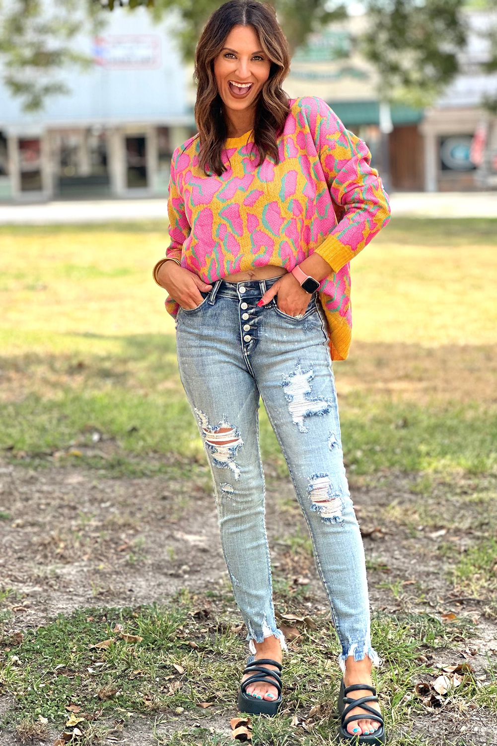 Green Abstract Print Ribbed Trim Baggy Sweater - loveforevers