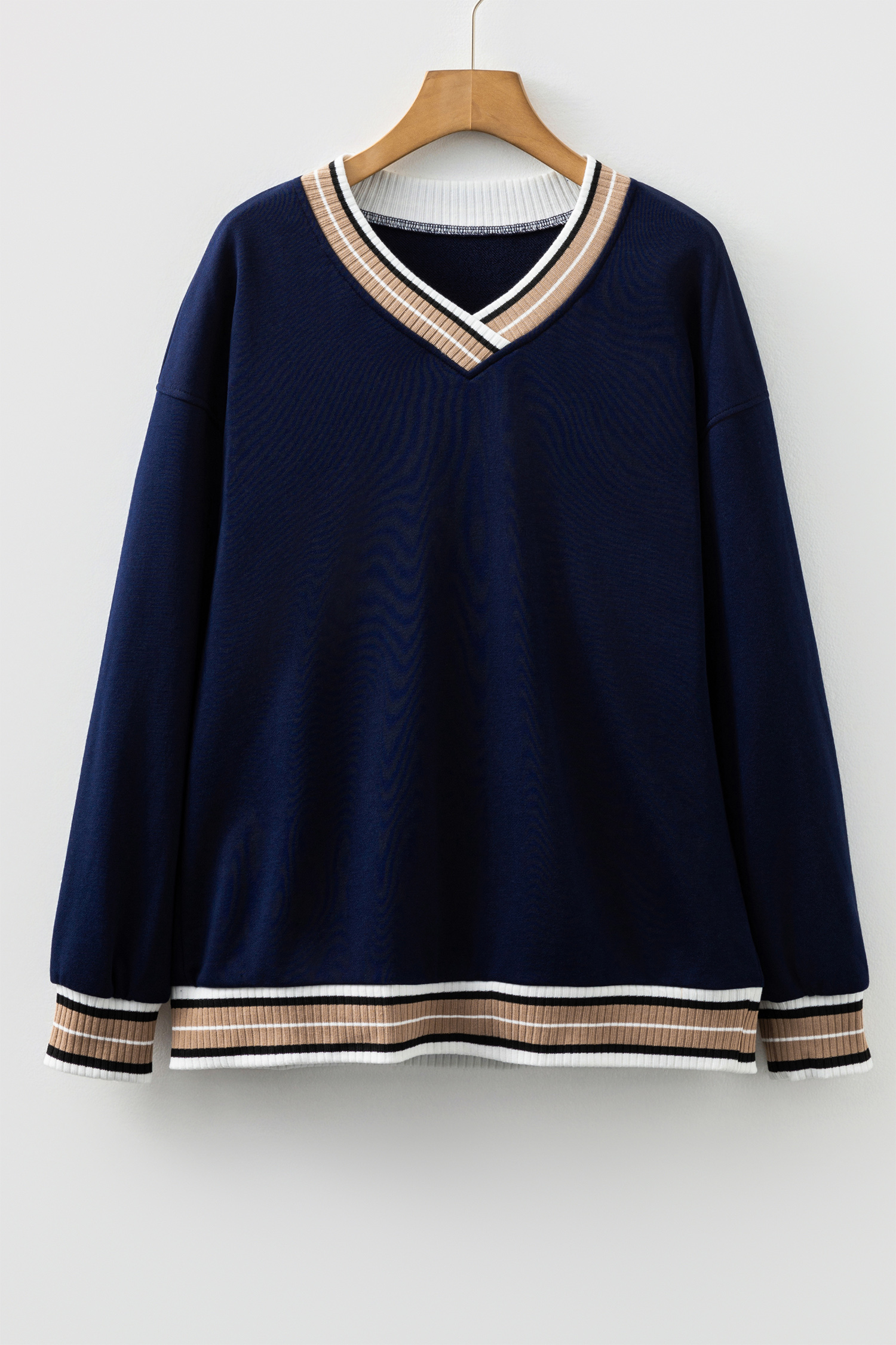 Gray Varsity Contrast Striped Trim V Neck Sweatshirt - loveforevers