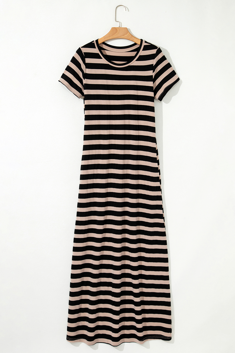 Black Stripe Casual Round Neck T-shirt Maxi Dress with Pockets - loveforevers