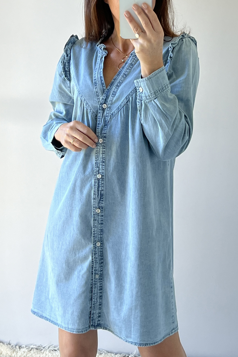 Myosotis Ruffled V Neck Buttoned Shift Denim Dress - loveforevers
