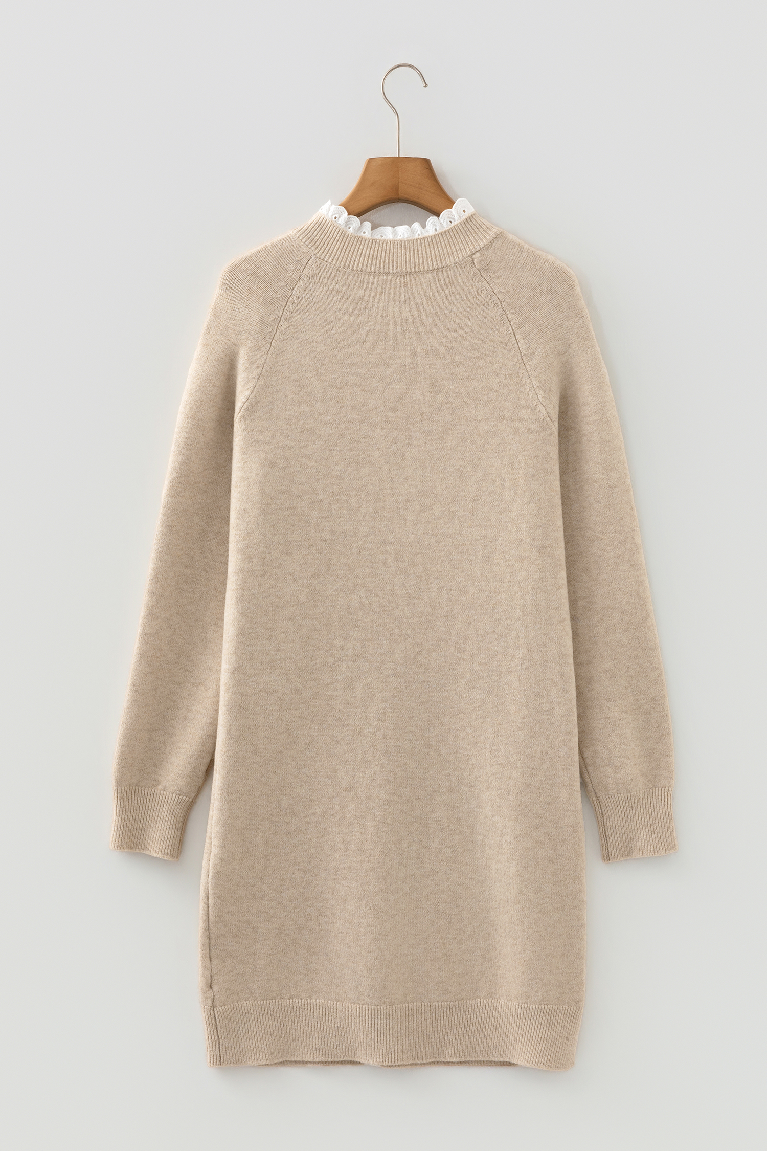 Parchment Button Lace Detail Raglan Sleeve Shift Mini Sweater Dress - loveforevers