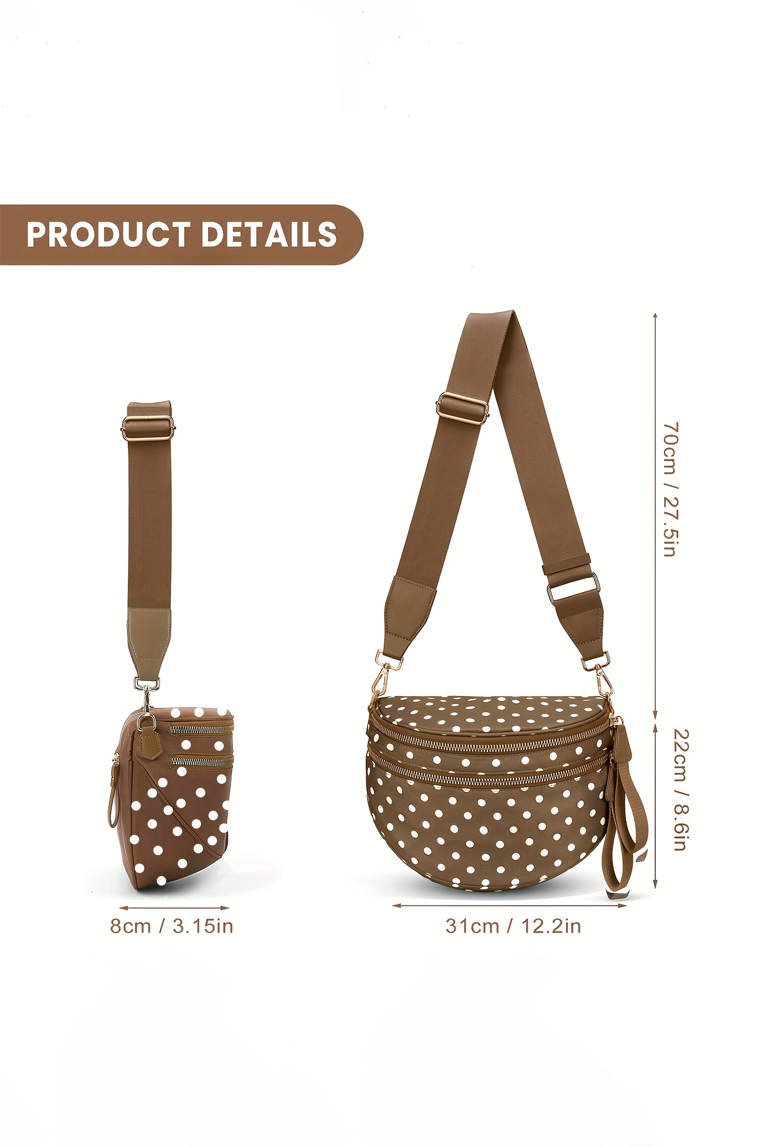 Camel Polka Dot Print Gold Chain Strap Double Zipper Crossbody Bag - loveforevers