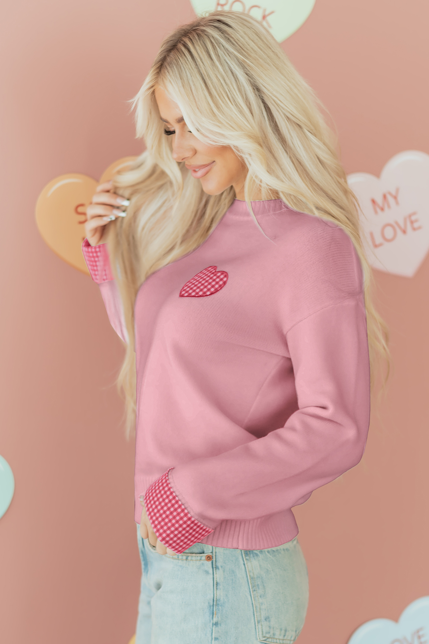 Light Pink Plaid Heart Embroidered Cuffed Drop Shoulder Crew Neck Sweater - loveforevers