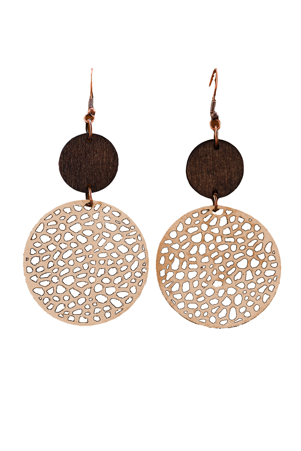 Khaki Hollow Out Wooden Round Drop Earrings - loveforevers