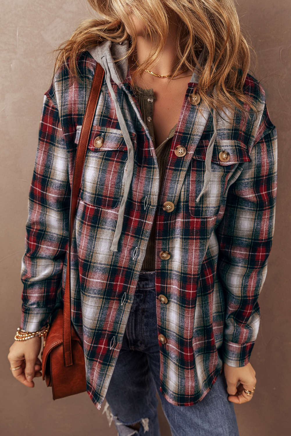 Red Plaid Print Chest Pocket Buttoned Hooded Shacket - loveforevers