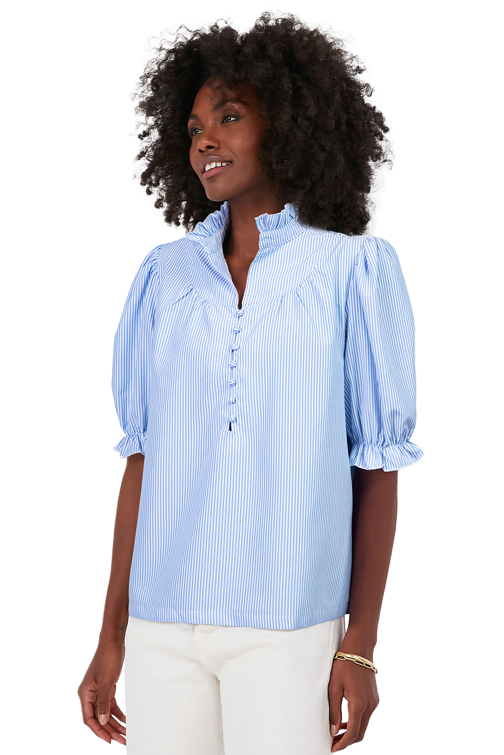 Sky Blue Stripe Ruffled Collar Puff Sleeve Half Buttons Blouse - loveforevers
