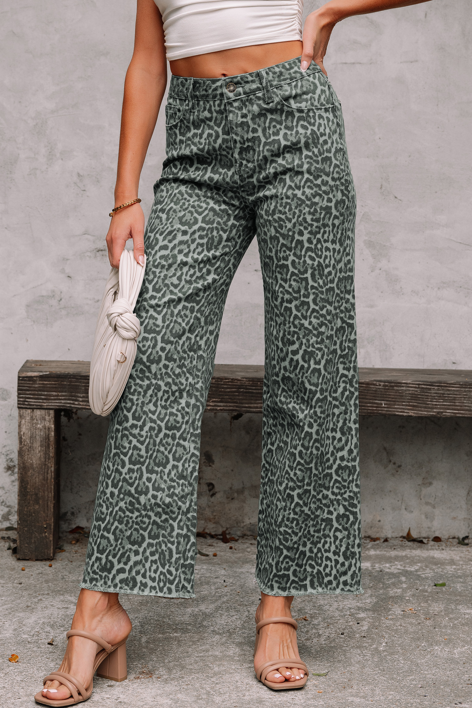Rose Leopard Frayed Edge Wide Leg High Waist Jeans - loveforevers