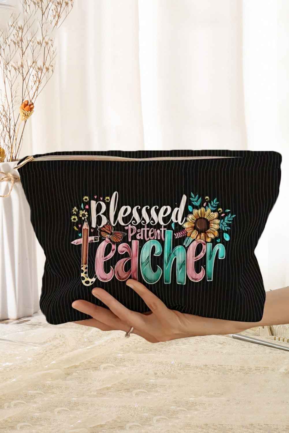 Black Blessed Teacher Flower Pencil Print Corduroy Storage Bag - loveforevers