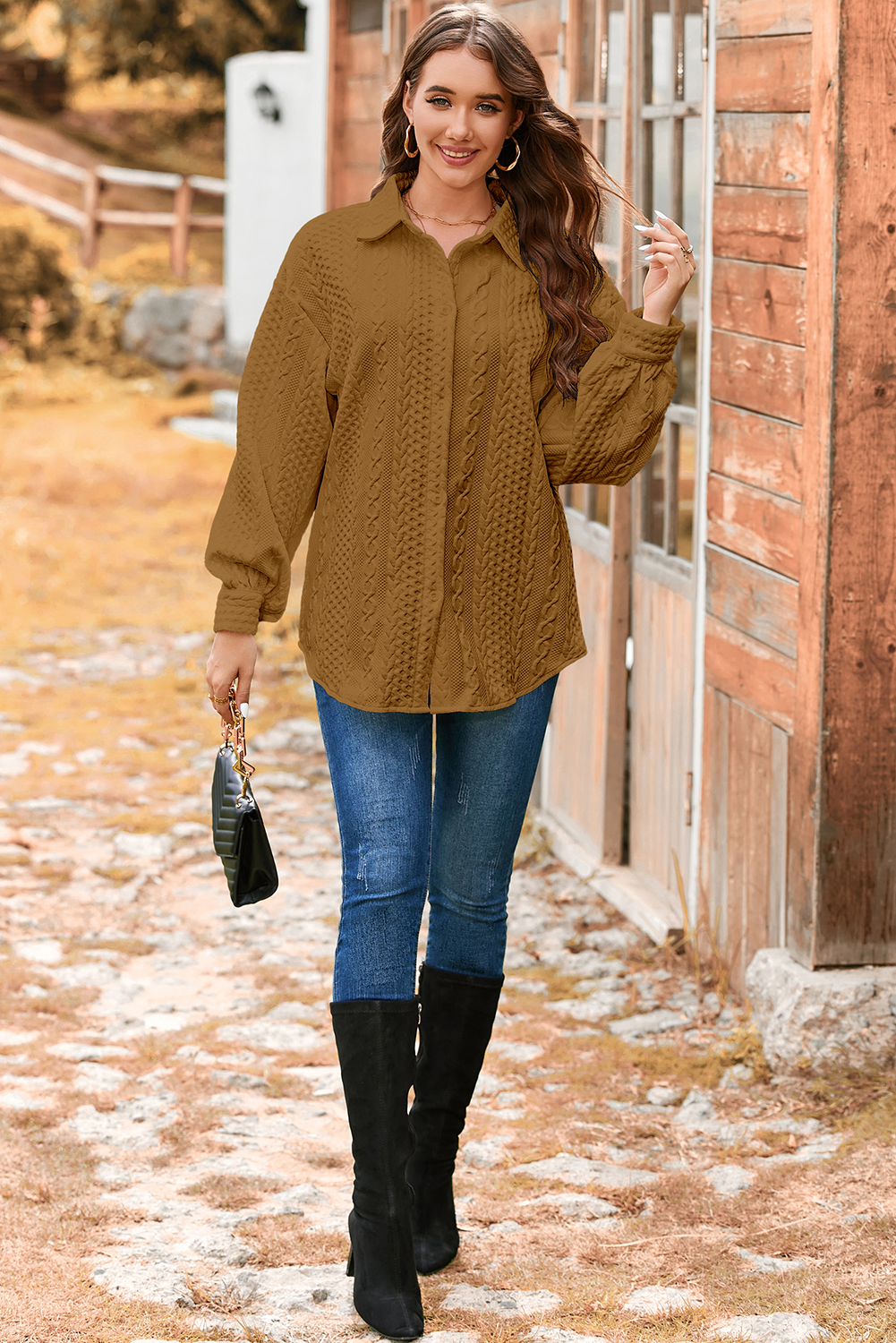 Sepia Rose Cable Texture Puff Sleeve Loose Shacket - loveforevers