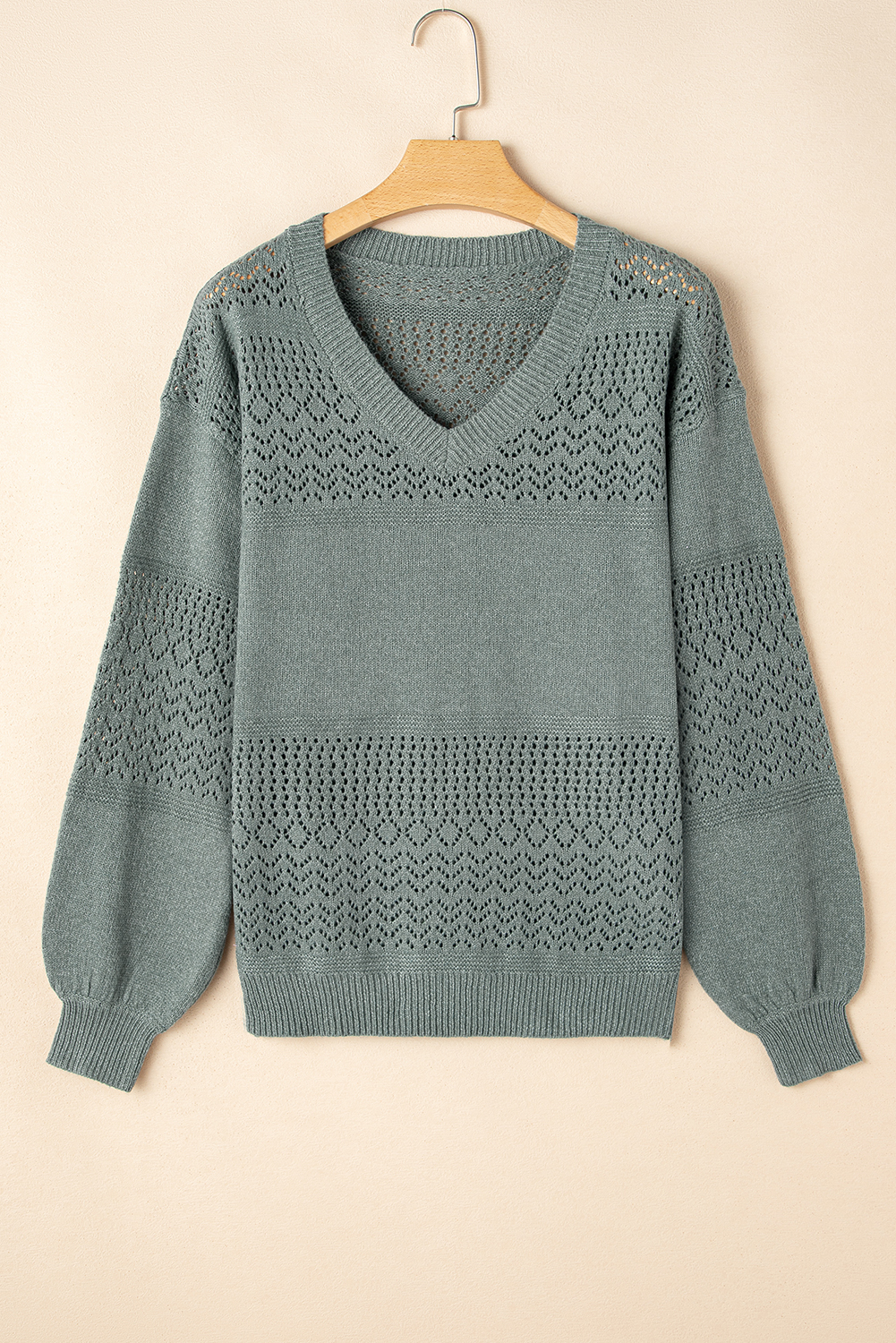 Sky Blue Eyelet Pattern Detail V Neck Drop Shoulder Sweater - loveforevers