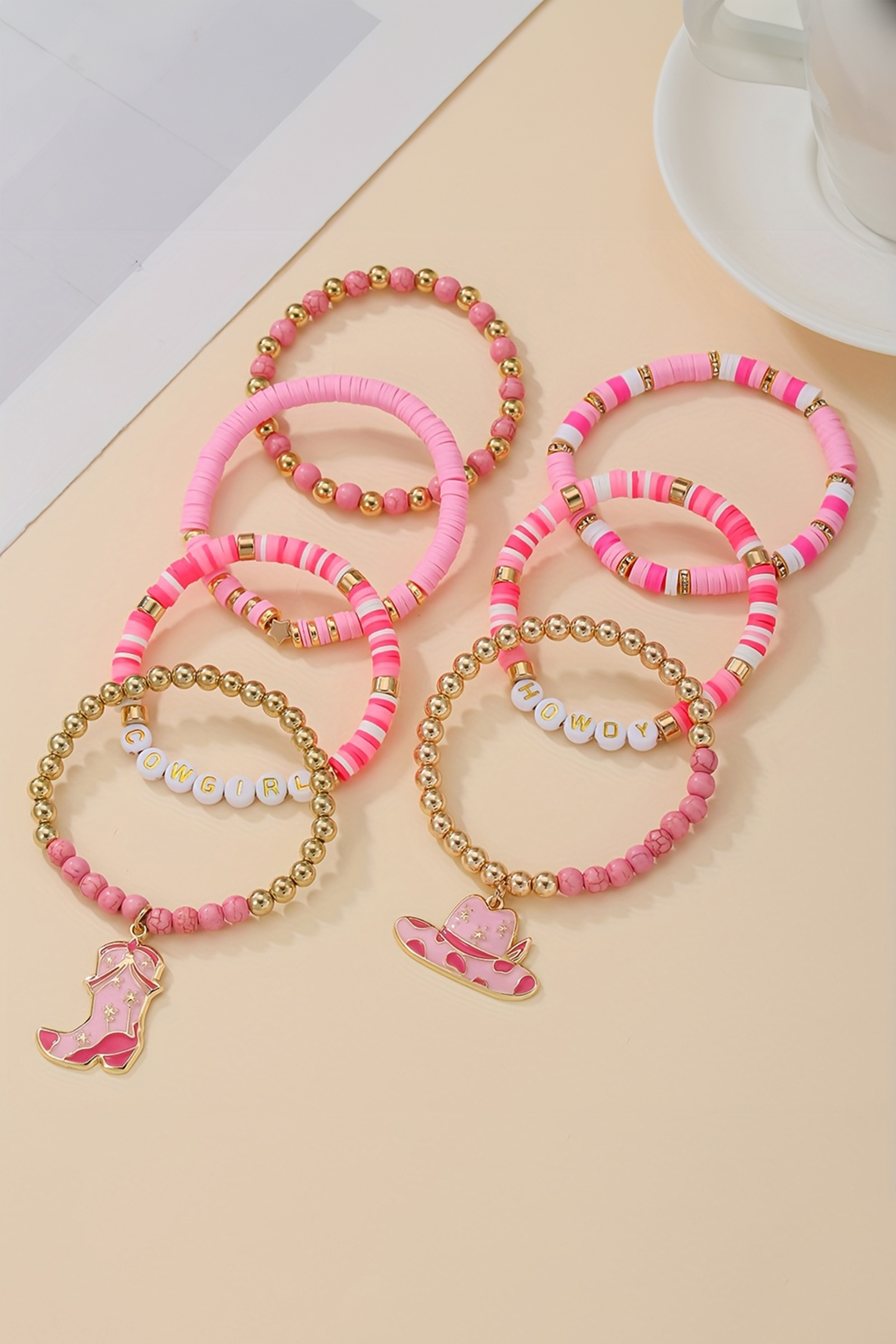 Pink 7pcs HOWDY COWGIRL Hat Boot Beaded Stretch Bracelet Set - loveforevers