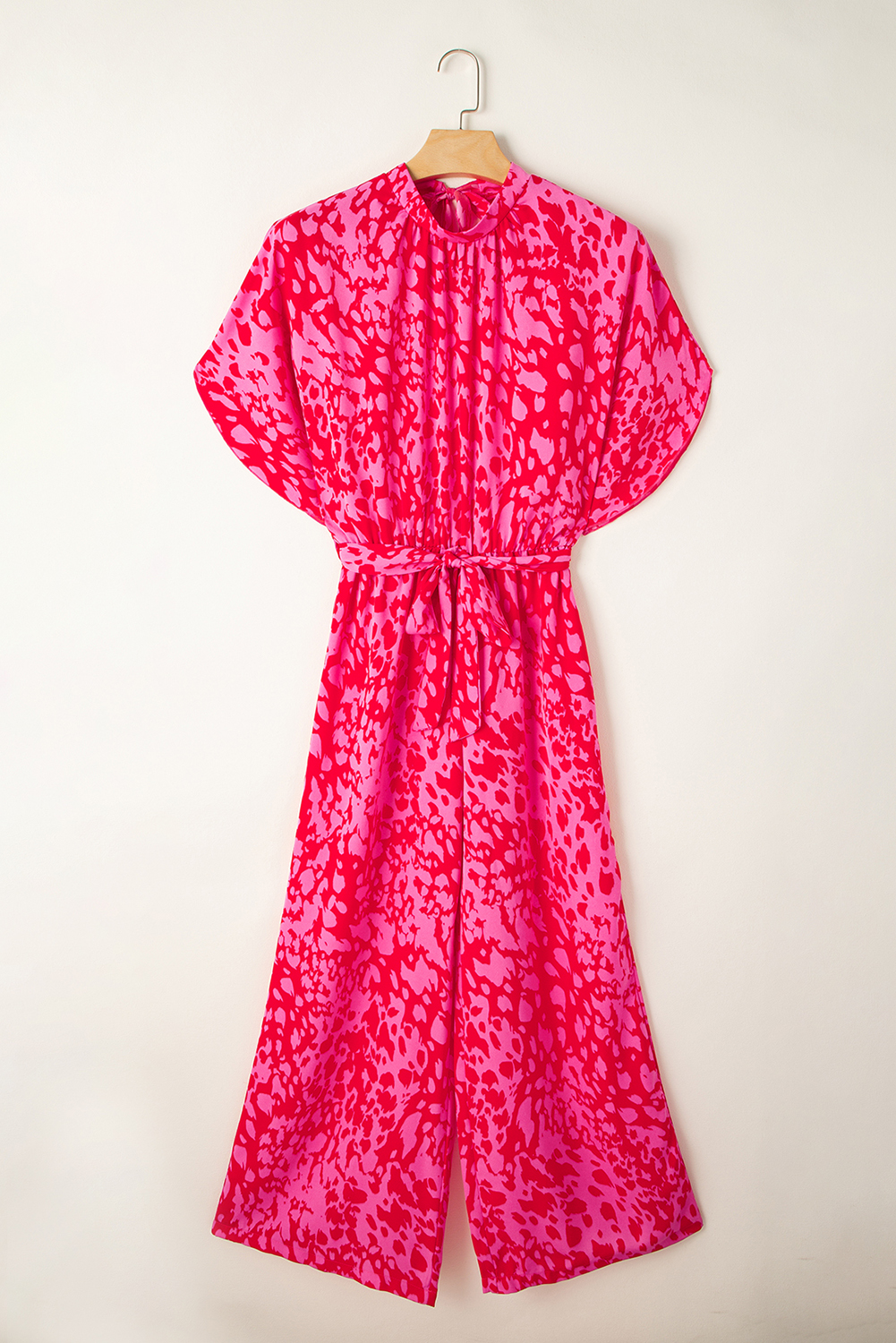 Rose Leopard Loose Sleeve Belted Wide Leg Jumpsuit - loveforevers