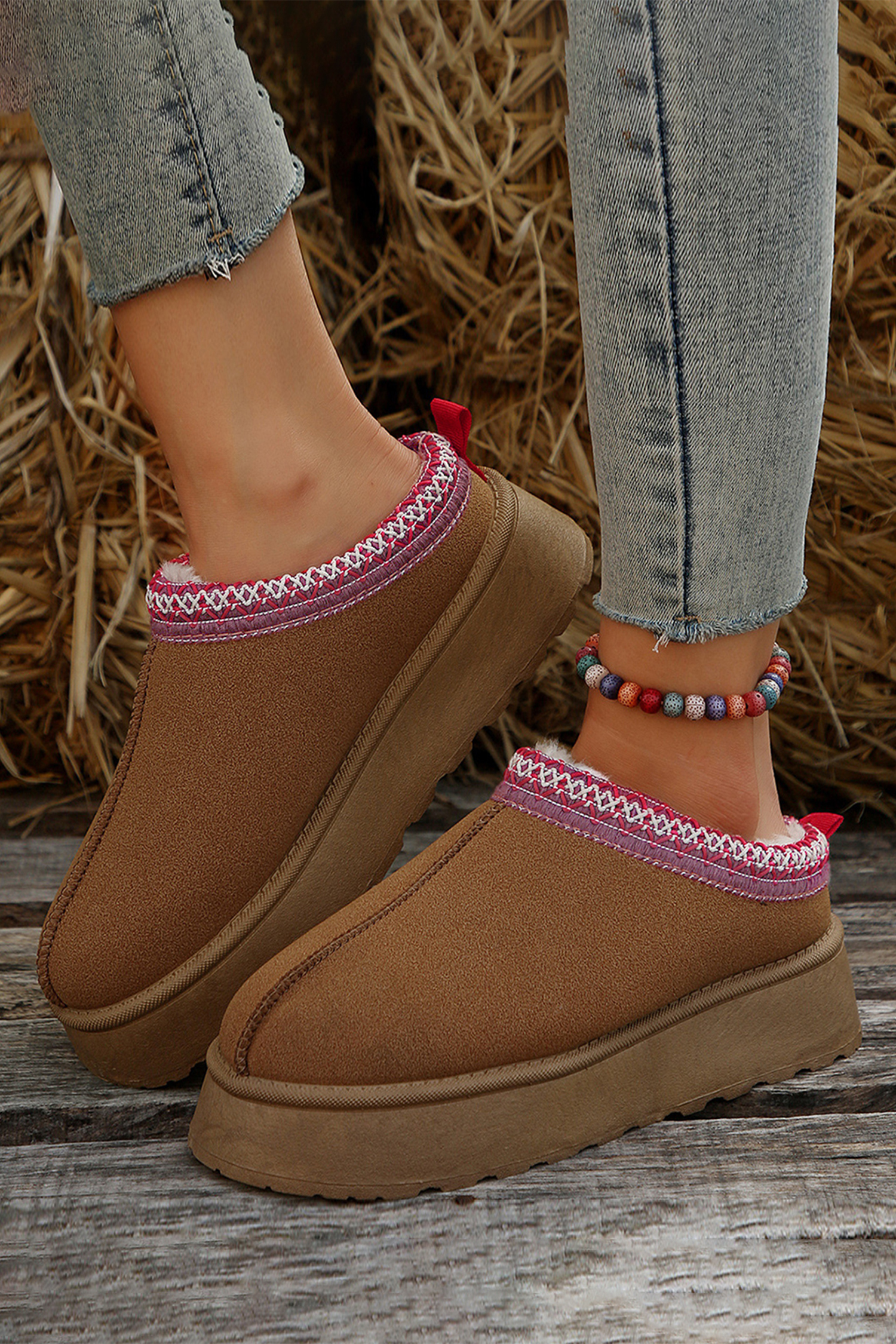 Chestnut Contrast Print Suede Plush Lined Snow Boots - loveforevers