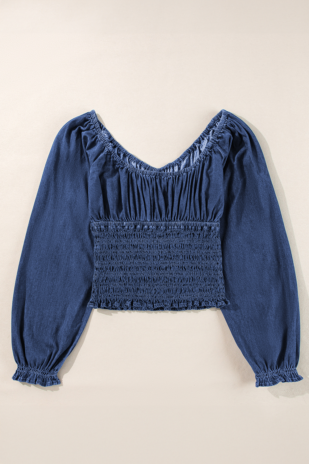 Dark Blue Smocked Ruffled Puff Sleeve V Neck Denim Blouse - loveforevers