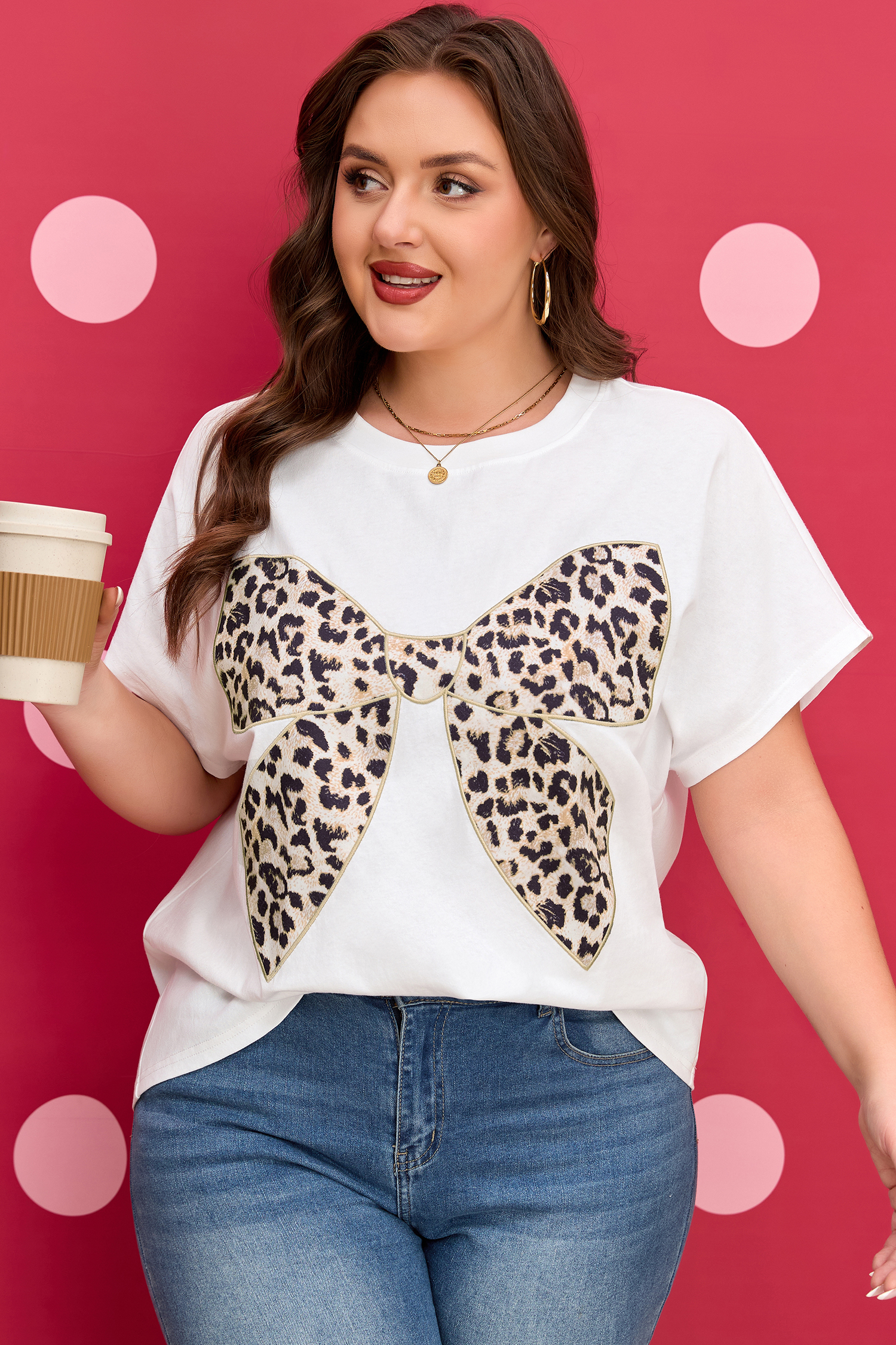 Pink Leopard Bow Embroidered Cotton Round Neck T Shirt - loveforevers
