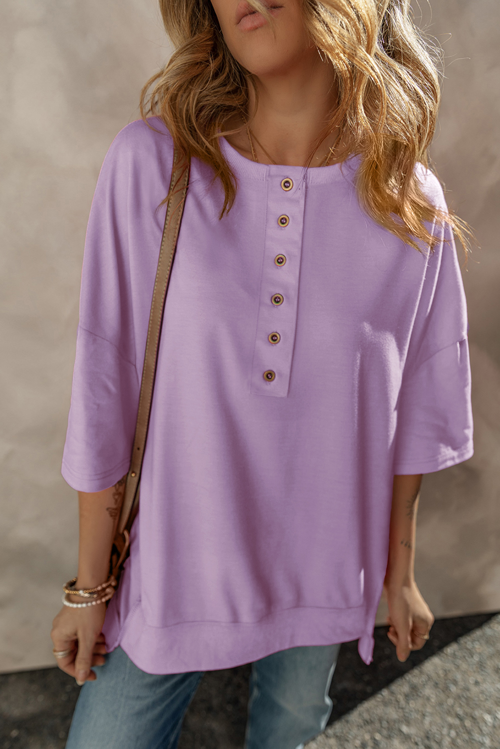 Jungle Green Exposed Seam Button Neck Wide Sleeve Tunic Top - loveforevers