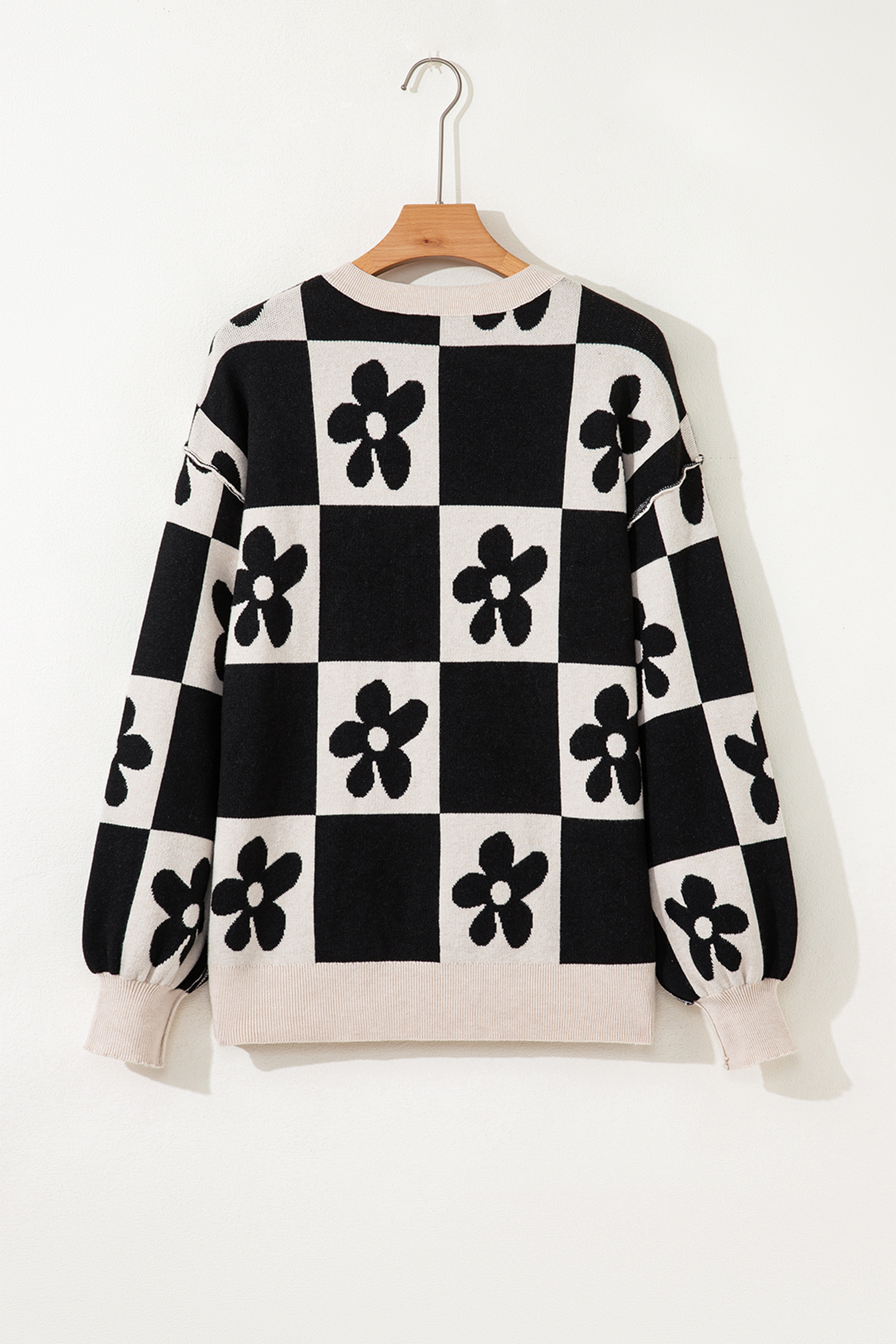 Black Flower Plaid Henley Baggy Sweater - loveforevers