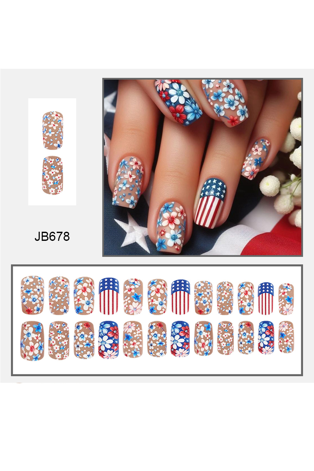 Sky Blue American Flag Flower Print Square False Nails - loveforevers