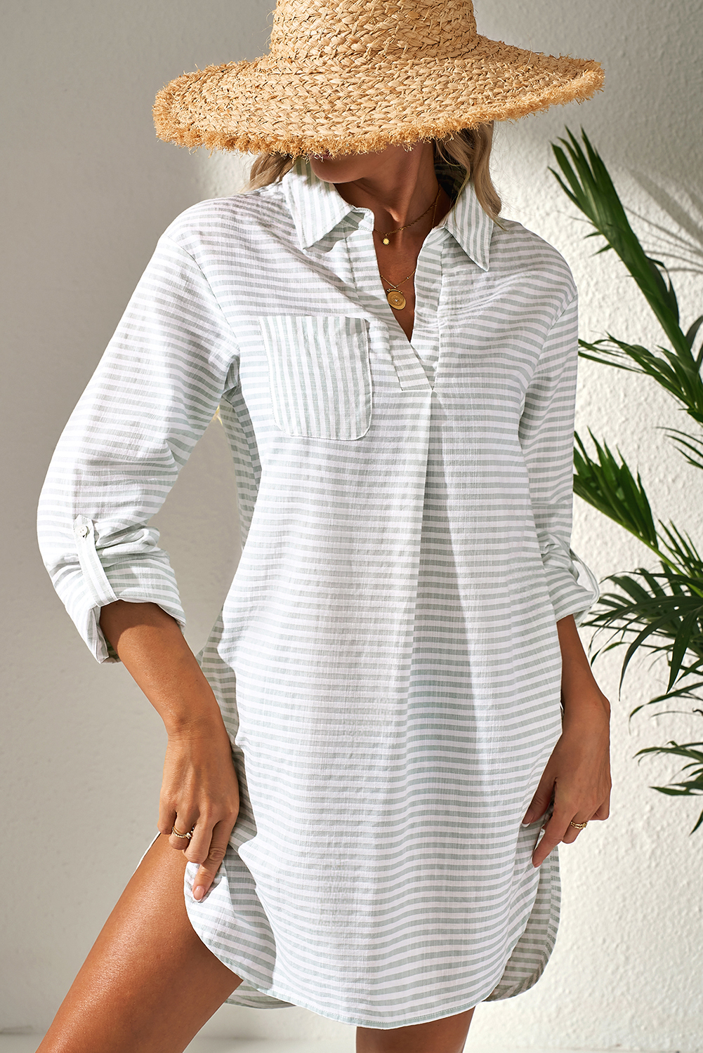 White Stripe Collared V Neck Chest Pocket Long Sleeve Beach Cover up - loveforevers