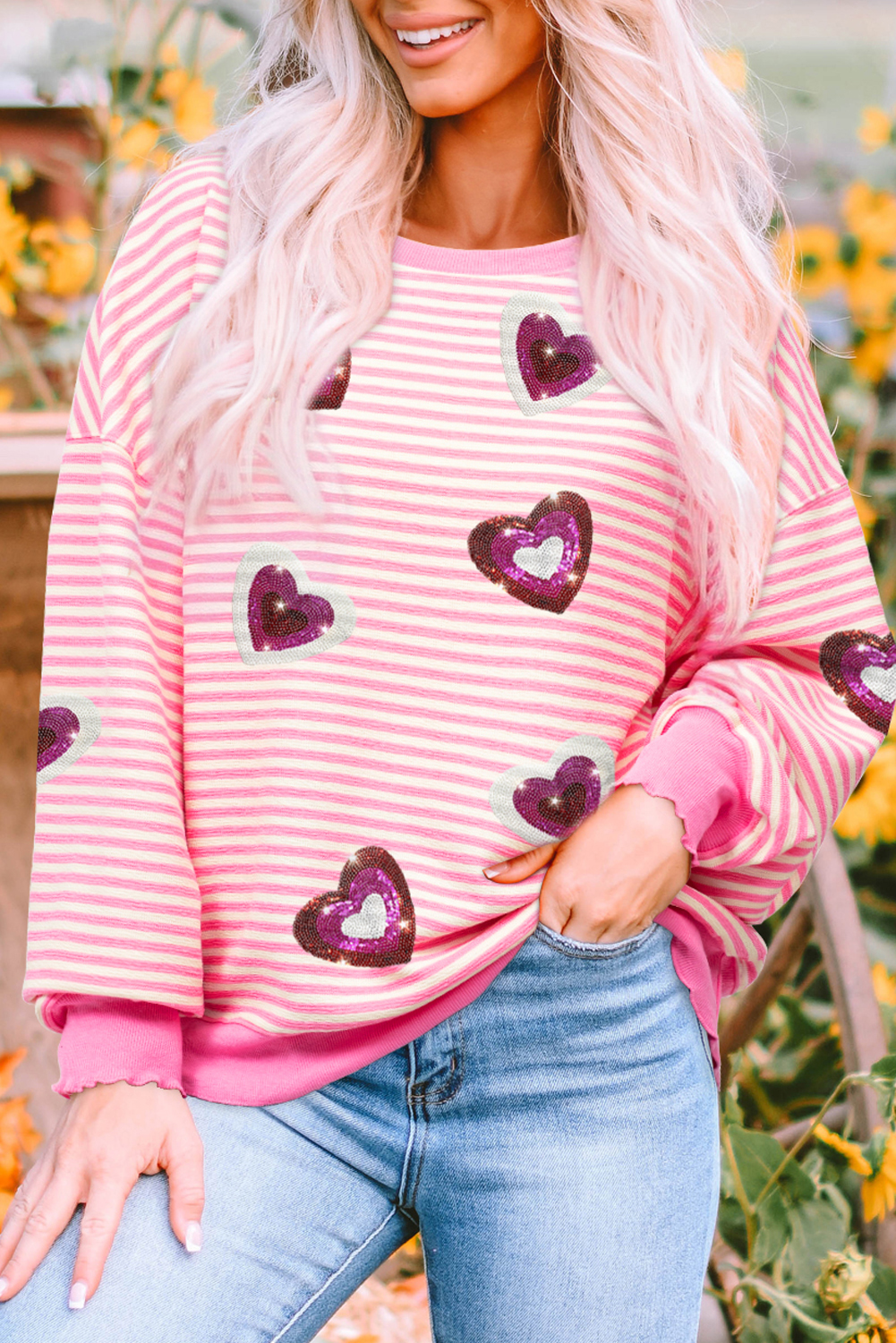 Pink Stripe Sequin Heart Patched Pattern Long Sleeve Valentines Top - loveforevers
