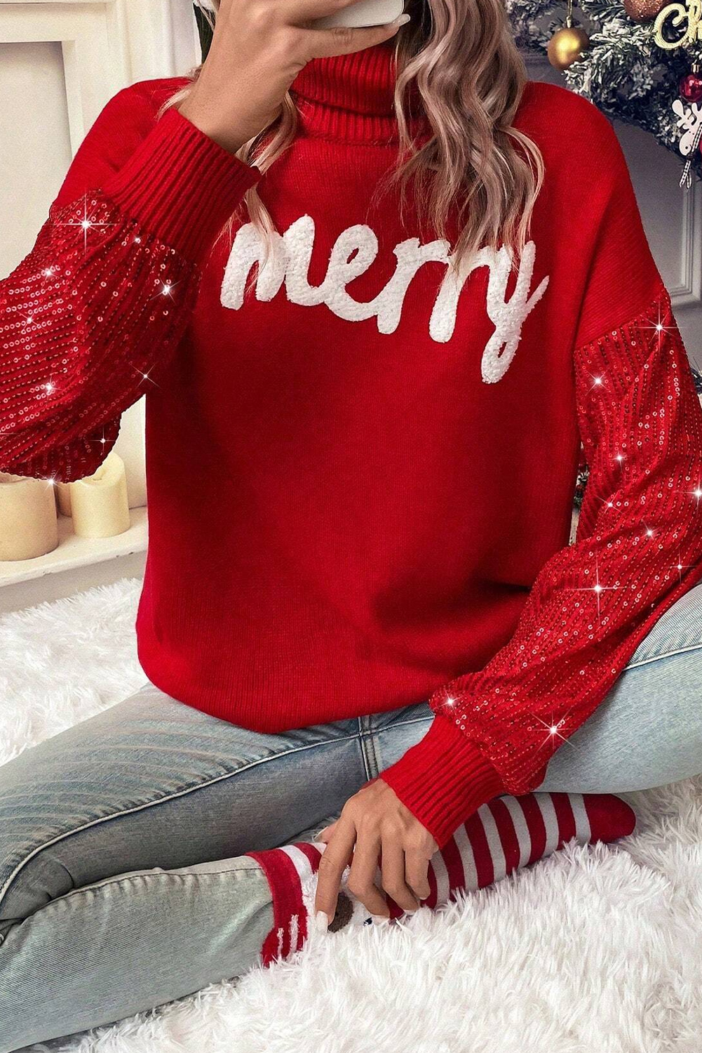 Racing Red Merry Graphic Sequin Sleeves Christmas Turtleneck Sweater - loveforevers