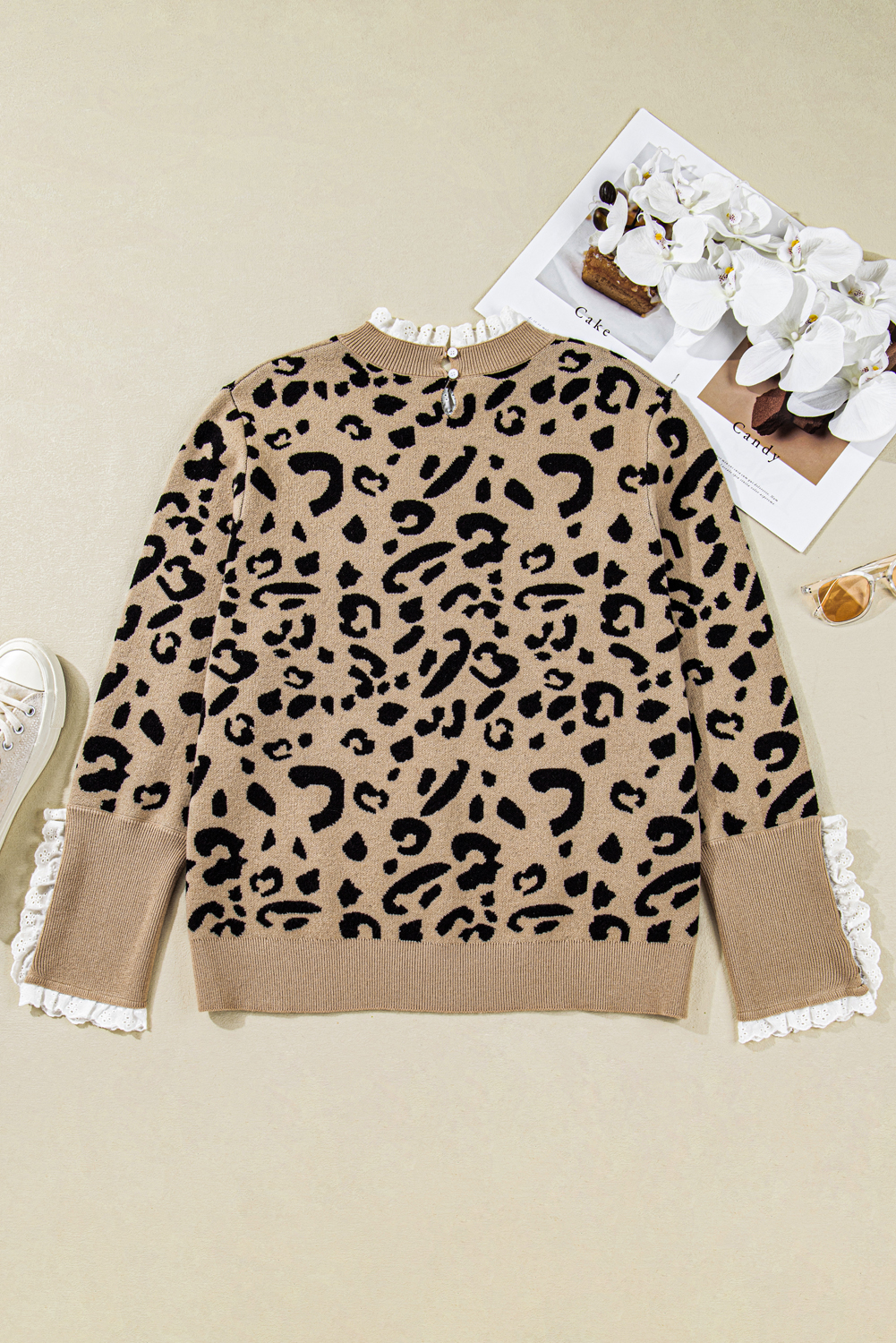Dearlovers Brown Leopard Pattern Lace Ribbed Detail Button Cuffed Sweater - loveforevers