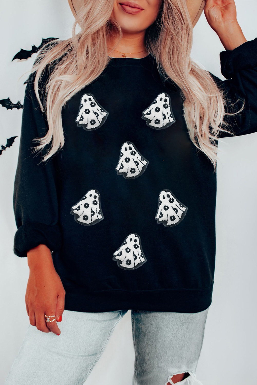 Wisteria Glitter Trim Chenille Ghost Patched Halloween Graphic Tee - loveforevers